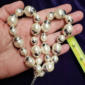 Faux Pearl Necklace Creamy White Alternating Sizes Capped in Shiny Silver Tone